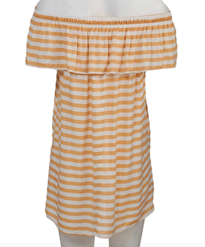 Women Mustard & White Stripe Ruffle Off-Shoulder Dress