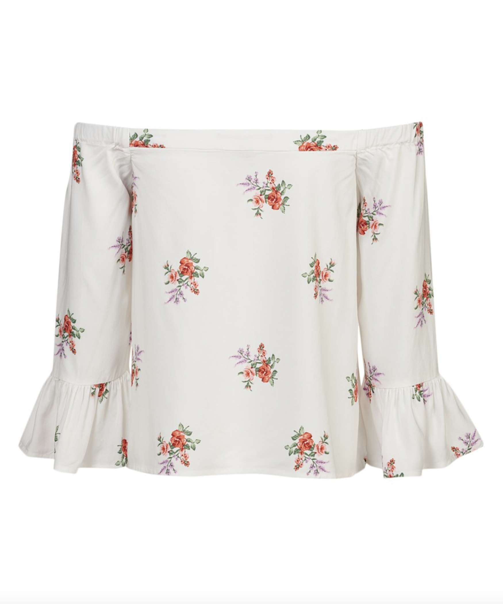 White & Red Floral Bouquets Ruffle-Cuff Off-Shoulder Top