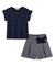 Girls Navy Top & Dark gray Stripe Bow Shorts Set