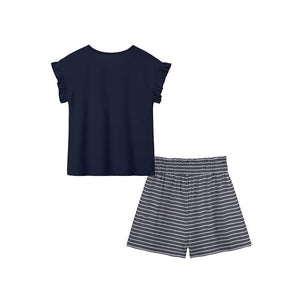 Girls Navy Top & Dark gray Stripe Bow Shorts Set