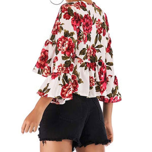 White & Red Floral Ruffle Crop Top